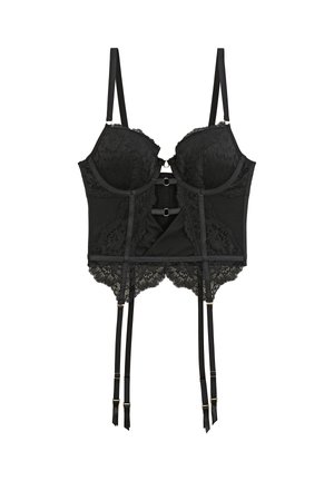 Lingerie corset en dentelle noire avec bonnets à armatures, bretelles réglables, découpe frontale et quatre jarretelles attachées.