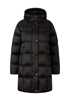 Sort polstret parka med hætte, der har lynlåslommer på siden og trykknapper. Overfladen er glat med quiltede sektioner.