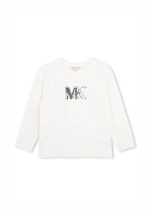 Chemise blanche à manches longues avec col rond et lettres noires "MK" centrées sur le devant.