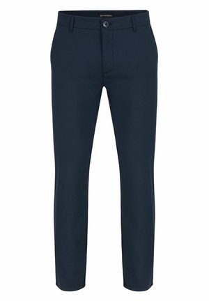Granatowe spodnie z gładkiego materiału, z zapięciem na guzik, szlufkami na pasek oraz prostym krojem nogawki, bez widocznych wzorów czy akcentów.
