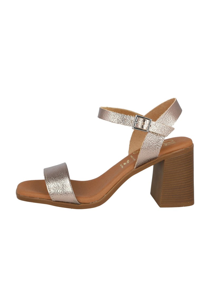 Sándal de tacón alto plateado metálico con parte superior texturizada, punta abierta, correa en el tobillo con hebilla y tacón cuadrado marrón. Plantilla suave.