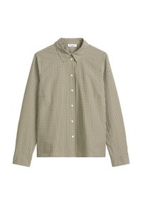 Groen en beige geblokte overhemd met lange mouwen, een klassieke kraag, knoopsluiting en een gladde katoenen textuur. Bevat een enkele borstzak.