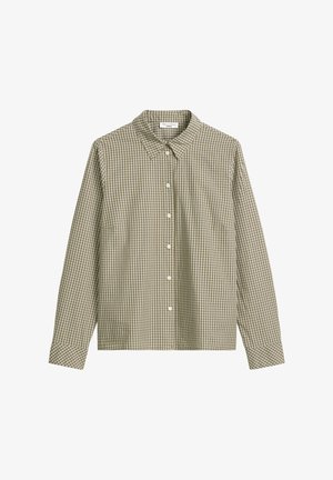 Groen en beige geblokte overhemd met lange mouwen, een klassieke kraag, knoopsluiting en een gladde katoenen textuur. Bevat een enkele borstzak.