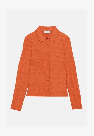 Oranges Langarmhemd aus strukturiertem Stoff, mit Knopfleiste und klassischem Kragen. Verfügt über subtile, zerknitterte Details.