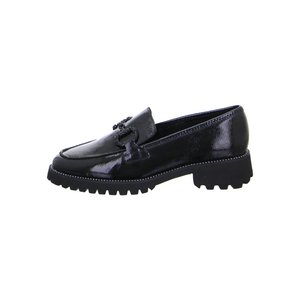 Black patent leather loafer with chunky rubber sole and decorative braided detail on top, shown from the side.