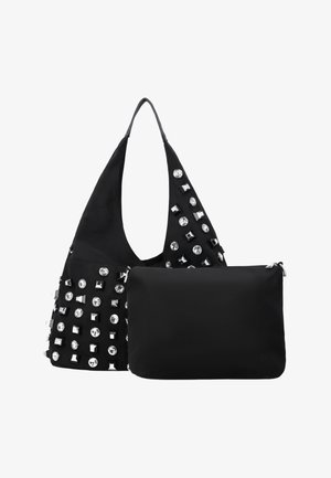Black shoulder bag with silver and clear gem-like studs, accompanied by a plain black zippered pouch in front.