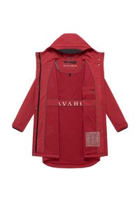 Rote Kapuzenjacke mit offenem Vorderteil, zeigt das Innenfutter, Markenname "NAVAHOO", Brusttasche mit Reißverschluss und Pflegehinweissymbole.