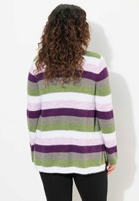 Multicoloriger gestreifter Pullover mit lavendelfarbenen, grünen, lila und weißen Streifen, aus weichem Material mit lockerer Passform und längerem Rücken.