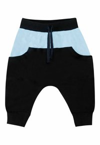 Svarta och ljusblå joggersbyxor med elastisk midja, dragsko och två sidofickor. Mjuk tyg med ribbade avslutningar och avslappnad passform.