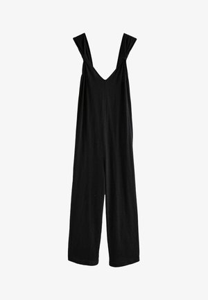 Must mustren, millel on laiad jalad ja V-kaelus. Omab sõlmitud õlavarretriipe ja pehmet, kerget kangast. Ühtlane tekstuur; ilma mustrite ja riistadeta.