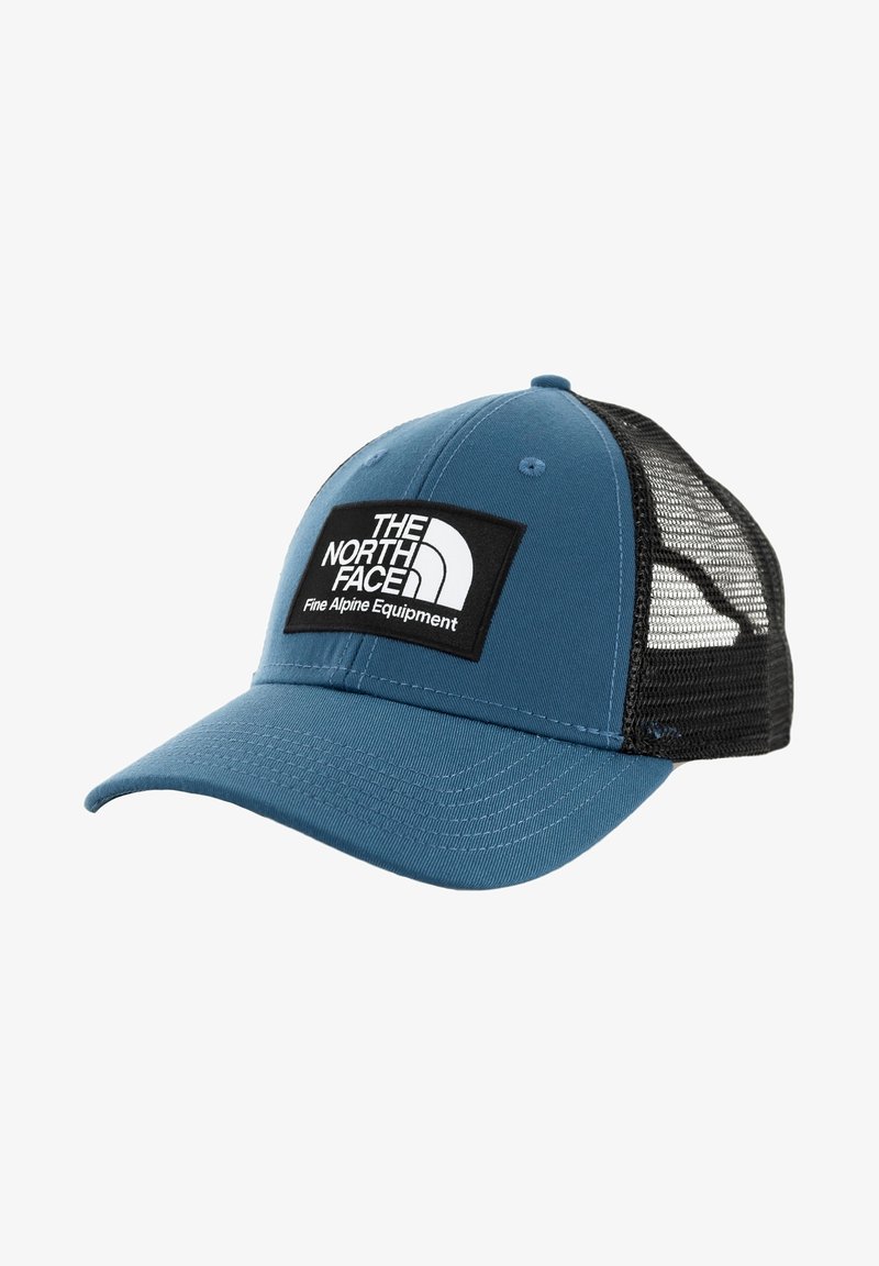 Blue baseball cap with a solid front and black mesh back, featuring a white logo patch with "The North Face" and "Fine Alpine Equipment."