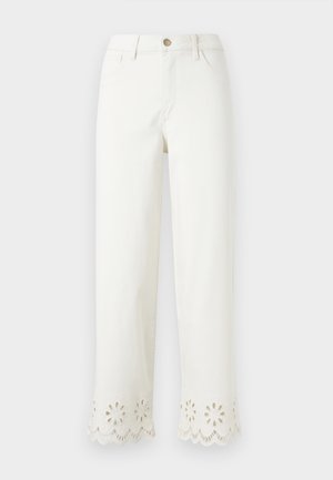 Pantalon blanc à jambes droites avec des détails en découpe œillet florale le long de l'ourlet festonné, bouton à l'avant et poches latérales.
