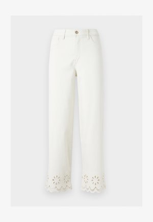 Pantalon blanc à jambes droites avec des détails en découpe œillet florale le long de l'ourlet festonné, bouton à l'avant et poches latérales.