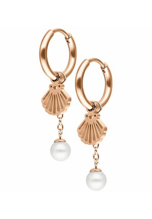 Ohrringe aus roségold mit einem Muschel-Design und einer herabhängenden weißen Kunstperle. Mit strukturierten Muschel-Akzenten.