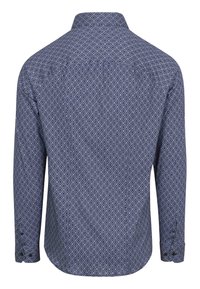 Langarm overhemd in marineblauw met een geometrisch patroon. Beschikt over een button-down kraag en een gebogen zoom, met knoopmanchetten.