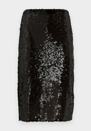 Musta paljeteilla varustettu kynähame, jossa on tiukka malli. Sisältää tiheät, heijastavat paljetit, jotka luovat tekstuuri pinnan. Sujuva sisävuori.