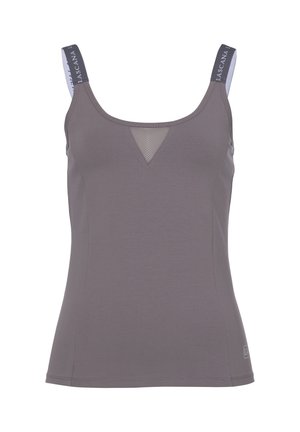 Sleeveless gray tank top with mesh V detail at neckline and branded gray shoulder straps with white text.