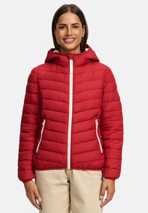 Red puffer jacket with a quilted design, featuring a hood, white zipper, and side pockets. Lightweight fabric and textured appearance.