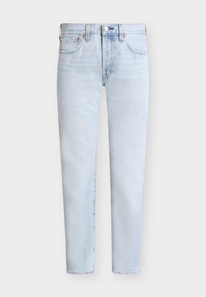 Light blue straight-leg denim jeans with front pockets and button closure, displayed on plain white background.