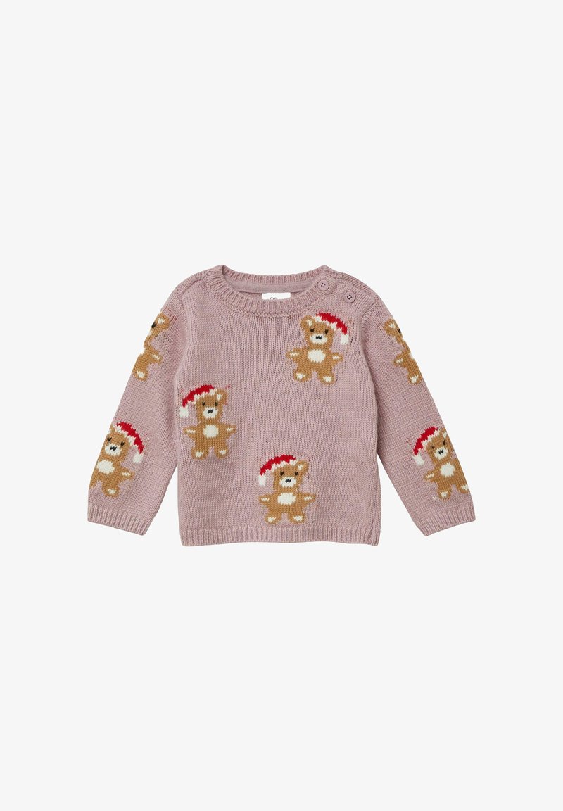 Pull en maille rose à manches longues, orné de multiples motifs d'ours en peluche portant des chapeaux rouges ; comporte deux boutons à l'épaule pour un enfilage facile.