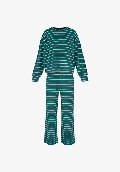Conjunto de ropa de descanso de algodón con base en color teal y rayas horizontales blancas, cuello redondo y pantalones de corte relajado con cintura elástica.