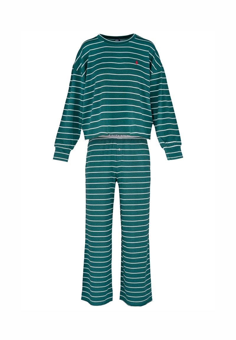 Katoenen loungewear set met een teal basis en witte horizontale strepen, een ronde hals en comfortabele broek met elastische tailleband.