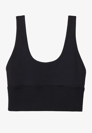 Svart bh med breda axelremmar, rundad halsringning och en ribbad band längst ner för stöd. Tillverkad av ett mjukt, elastiskt material.