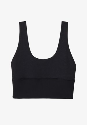 Svart bh med brede stropper, scoop-hals og en ribbet bånd nederst for støtte. Laget av et glatt og elastisk materiale.