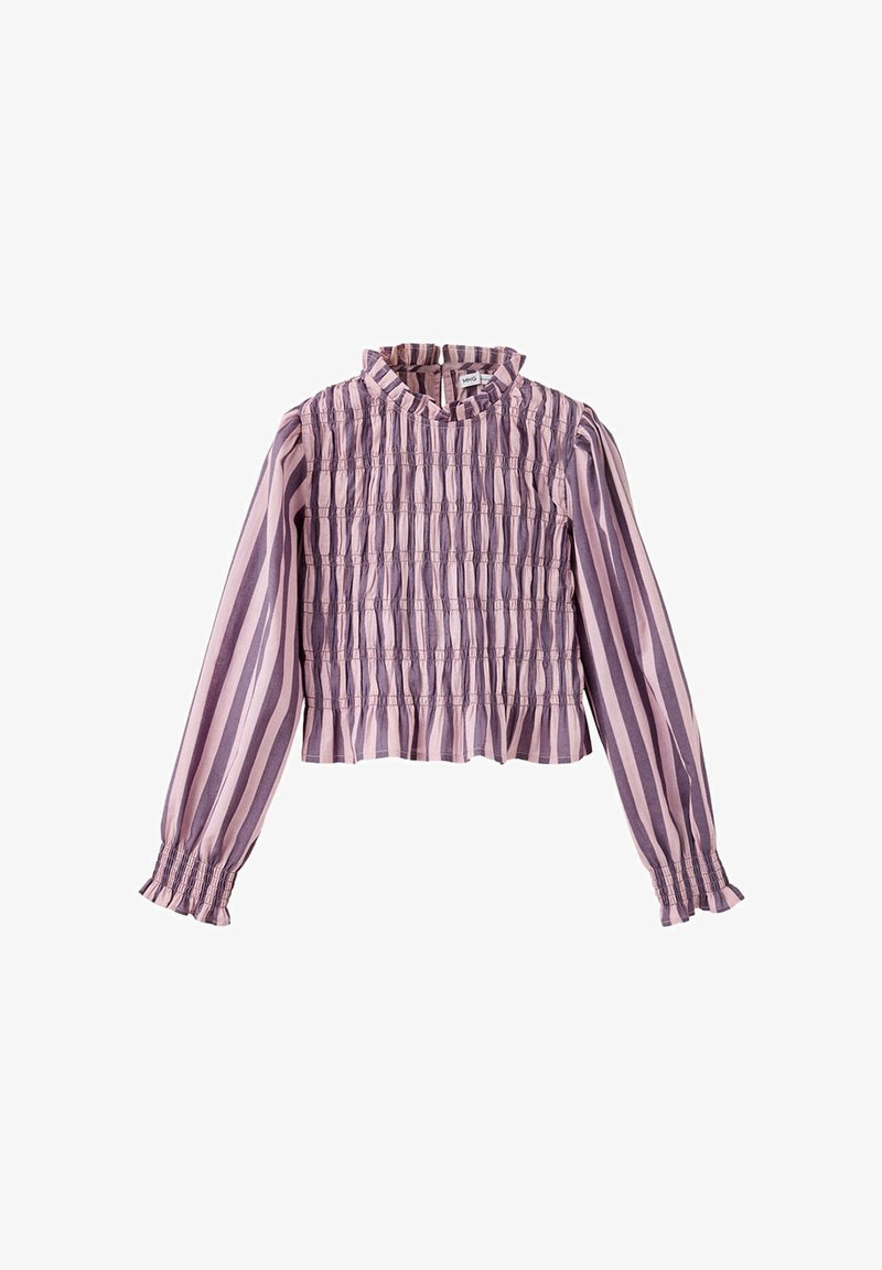 Blouse à manches longues avec rayures verticales violettes et roses, devant smocké, col haut à volants et poignets froncés.