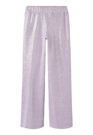 Svetlo-lavandaste široke hlače iz svetleče kovinske tkanine, z elastiko v pasu in gladko, strukturirano površino.