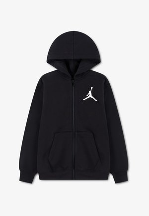 Sweat à capuche zippé noir avec poches avant, capuche et logo blanc Jumpman de basket sur la poitrine gauche.
