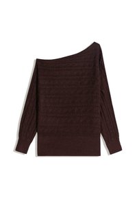 Burgundy off-shoulder sweater featuring ribbed texture, long sleeves, and a fitted hem. Made from a soft knitted fabric.