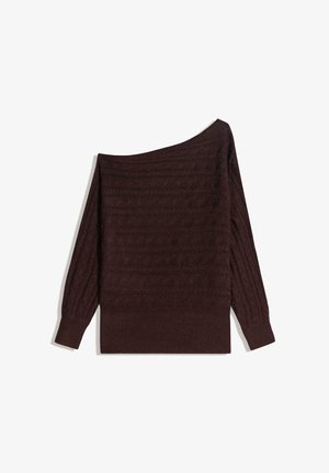 Modni bordni pulover z odkritimi rameni, značilen po rebrasti teksturi, dolgih rokavih in oprijetem robu. Iz mehkega pletenega blaga.