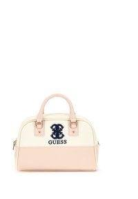 Beige und rosa Handtasche mit runder Form, doppelte obere Griffe, marineblau gesticktes Logo und goldfarbene Hardware-Akzente.
