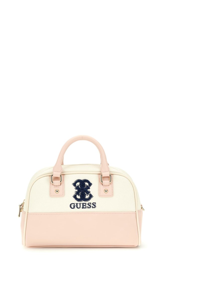 Beige und rosa Handtasche mit runder Form, doppelte obere Griffe, marineblau gesticktes Logo und goldfarbene Hardware-Akzente.
