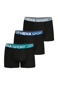 Trois paires de boxers noirs avec des ceintures élastiques grises, bleues et teal, étiquetées "ATHENA SPORT", avec une texture lisse.