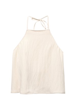 Bílý halter top s měkkou, texturovanou tkaninou, s tenkými ramínky, která se zavazují na zádech a volným, splývavým střihem.