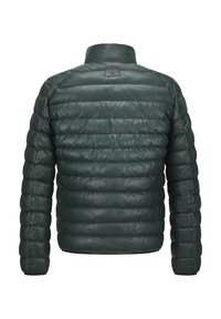 Dunkelgrüne Leder-Puffjacke mit gestepptem Design, hohem Kragen und elastischen Bündchen. Besitzt ein Markenlogo auf dem Rücken.