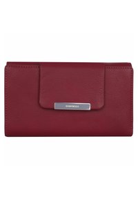 Rote Lederbrieftasche mit glatter Textur, ausgestattet mit einem Klappenverschluss und einem silberfarbenen Hardwareakzent. Kompakte, rechteckige Form.