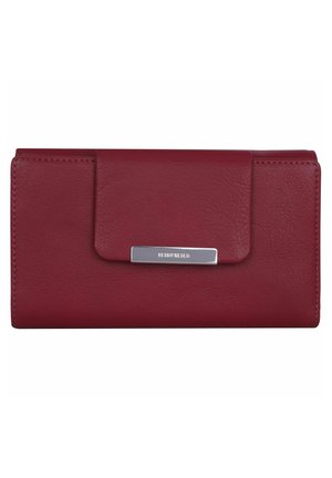 Rote Lederbrieftasche mit glatter Textur, ausgestattet mit einem Klappenverschluss und einem silberfarbenen Hardwareakzent. Kompakte, rechteckige Form.