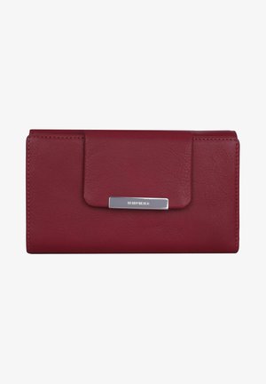 Rote Lederbrieftasche mit glatter Textur, ausgestattet mit einem Klappenverschluss und einem silberfarbenen Hardwareakzent. Kompakte, rechteckige Form.