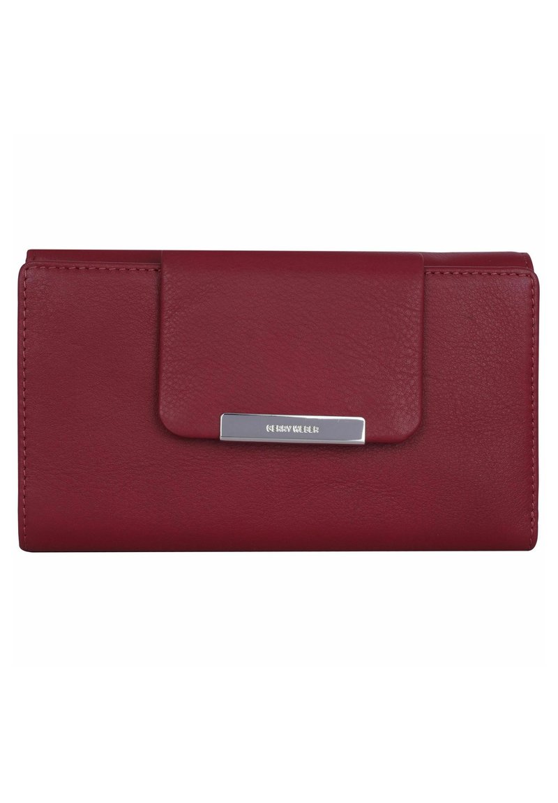 Rote Lederbrieftasche mit glatter Textur, ausgestattet mit einem Klappenverschluss und einem silberfarbenen Hardwareakzent. Kompakte, rechteckige Form.