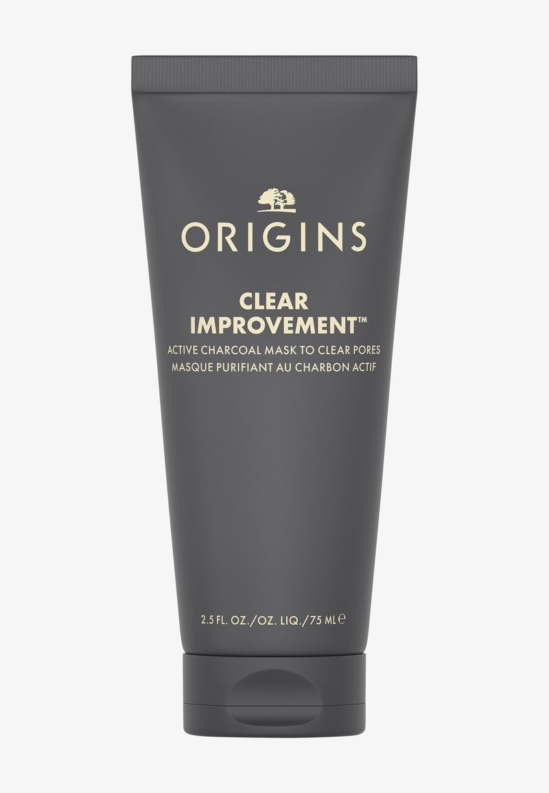 Origins Clear Improvement™ houtskoolmasker in een matgrijze tube met gouden tekst. Inhoud: 75 ml (2,5 fl. oz.). Soepele, zachte textuur.