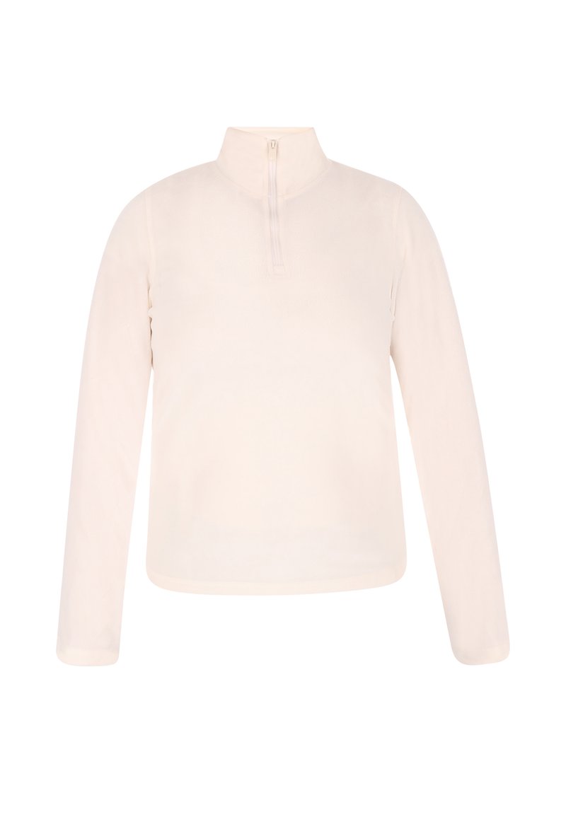 Lichtbeige langharige pullover met een rechtopstaande kraag en een korte rits. Gemaakt van zachte, gladde stof met een eenvoudig design.