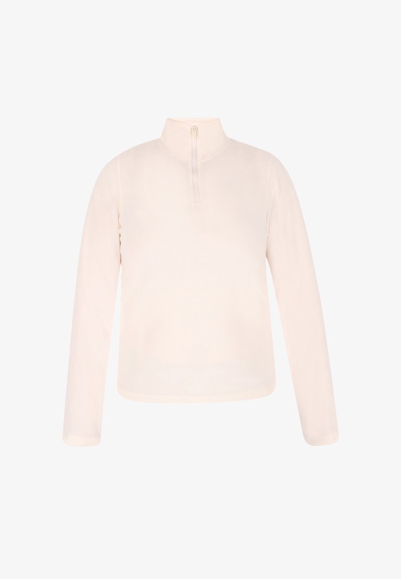 Lys beige langærmet pullover med høj krave og en kort lynlås. Fremstillet af blødt, glat stof med et enkelt design.