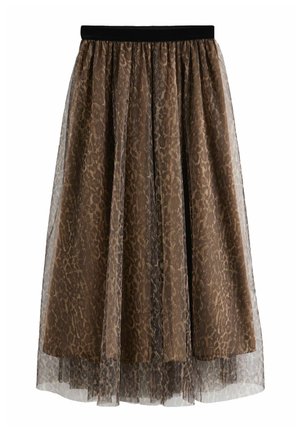 Jupe trapèze imprimé léopard marron avec une ceinture élastique noire, présentant une superposition en tulle transparent s’étendant légèrement sous l’ourlet.
