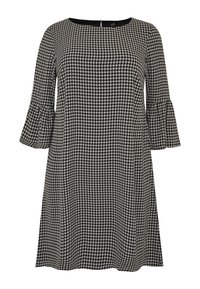 Šaty s kostkovaným vzorem v černobílé barvě, kulatým výstřihem a zvonovými rukávy. Rozšířený silueta, lehká tkanina, délka po kolena.