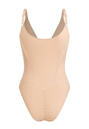 Bañador beige con tirantes ajustables, textura lisa, escote redondeado y detalles fruncidos en la parte inferior. Diseño elegante y minimalista.