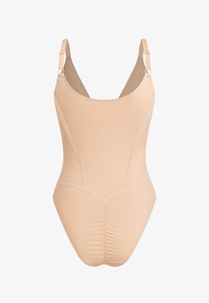 Bañador beige con tirantes ajustables, textura lisa, escote redondeado y detalles fruncidos en la parte inferior. Diseño elegante y minimalista.