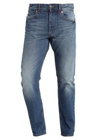 Herrarnas klassiska blå denimjeans med blekt tvätt, framknäppning med knapp och dragkedja, samt femficksdesign.